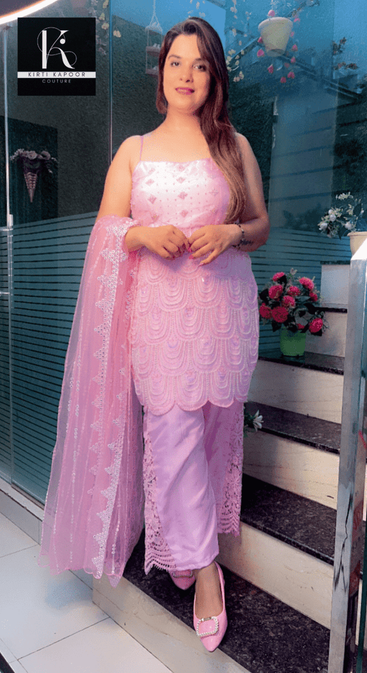 Pink Embroidered Suit with Designer Pant and Dupatta - Kirti Kapoor Couture