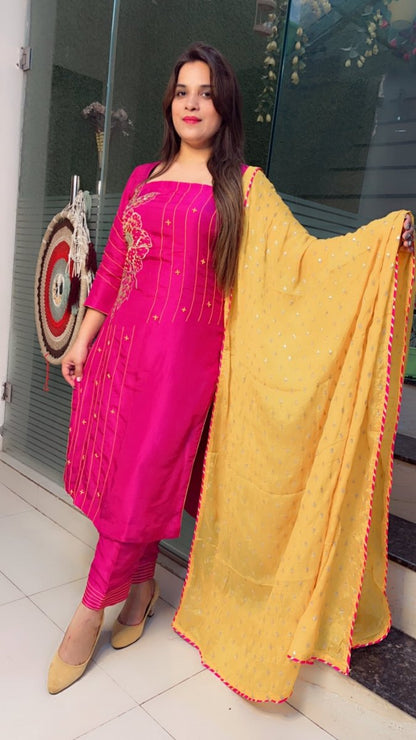 Pink Embroidered Suit with Yellow Worked Dupatta (Anchor Thread - Work) - Kirti Kapoor Couture