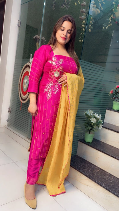 Pink Embroidered Suit with Yellow Worked Dupatta (Anchor Thread - Work) - Kirti Kapoor Couture