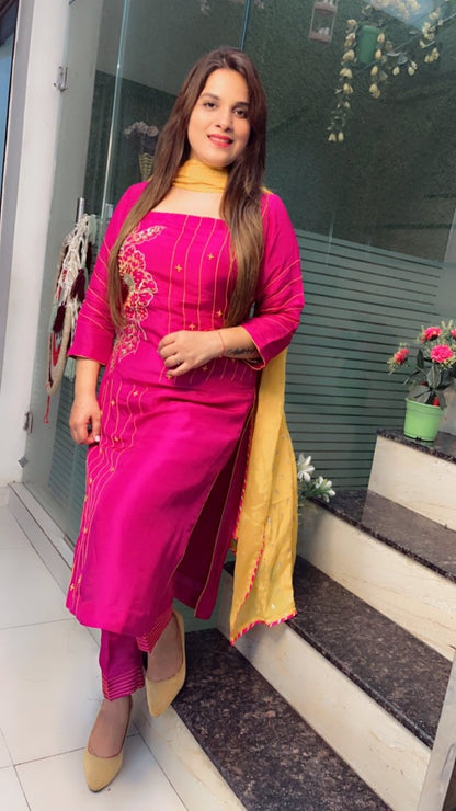 Pink Embroidered Suit with Yellow Worked Dupatta (Anchor Thread - Work) - Kirti Kapoor Couture