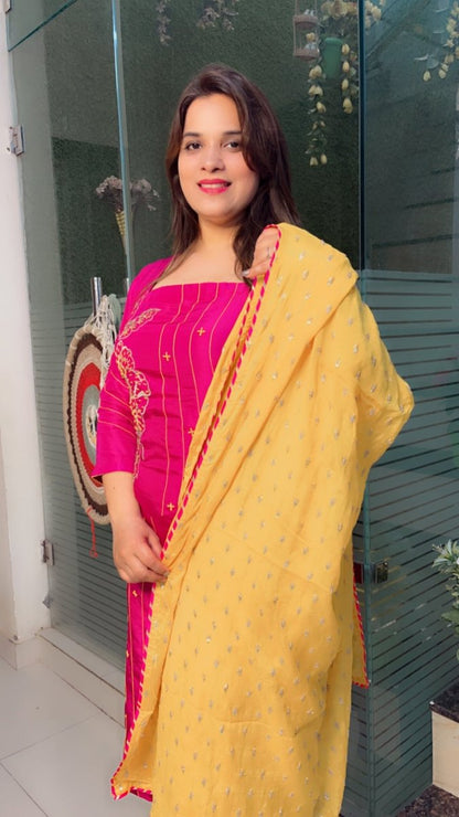 Pink Embroidered Suit with Yellow Worked Dupatta (Anchor Thread - Work) - Kirti Kapoor Couture