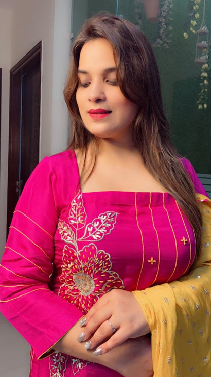 Pink Embroidered Suit with Yellow Worked Dupatta (Anchor Thread - Work) - Kirti Kapoor Couture