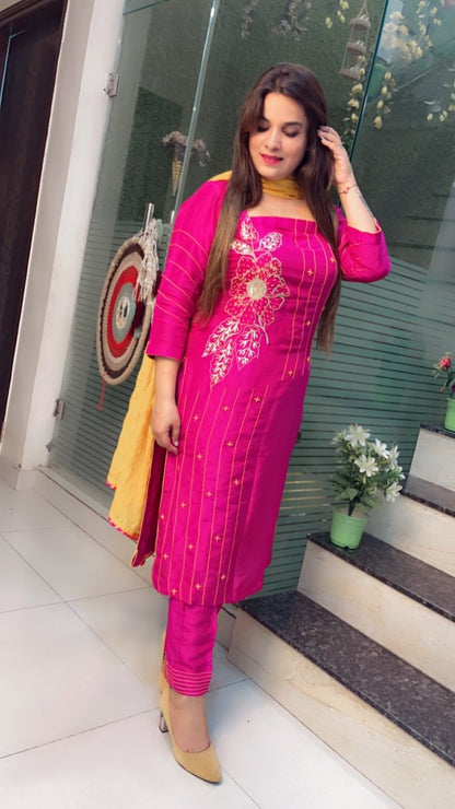 Pink Embroidered Suit with Yellow Worked Dupatta (Anchor Thread - Work) - Kirti Kapoor Couture