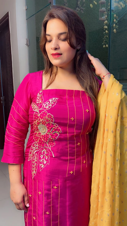 Pink Embroidered Suit with Yellow Worked Dupatta (Anchor Thread - Work) - Kirti Kapoor Couture