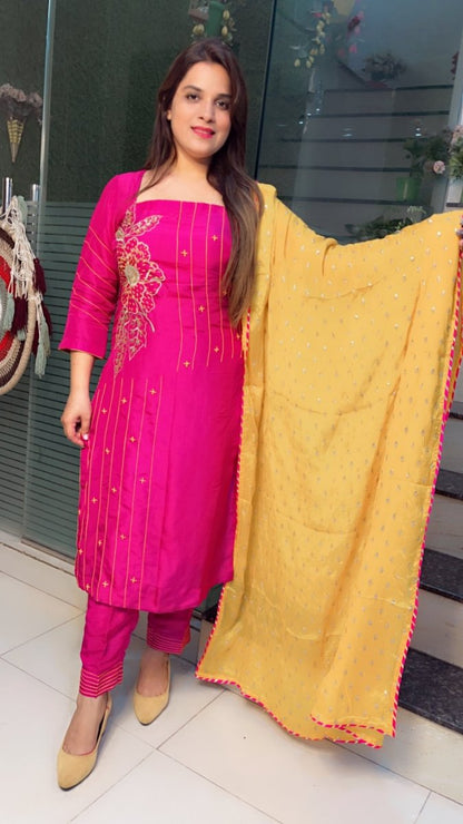 Pink Embroidered Suit with Yellow Worked Dupatta (Anchor Thread - Work) - Kirti Kapoor Couture