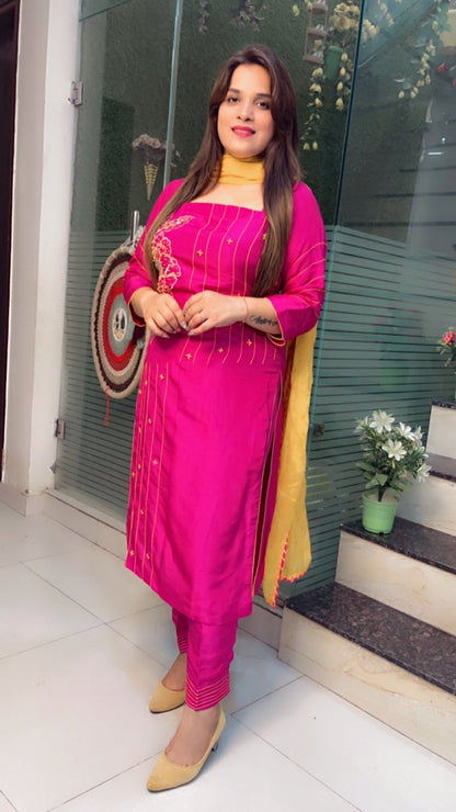 Pink Embroidered Suit with Yellow Worked Dupatta (Anchor Thread - Work) - Kirti Kapoor Couture