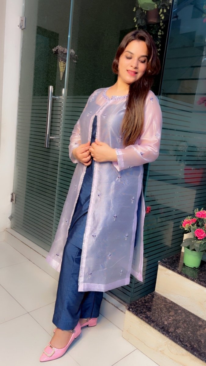 Pink Hand - Embroidered Kota Jacket with Contrasting Blue Pant & Shirt - Kirti Kapoor Couture
