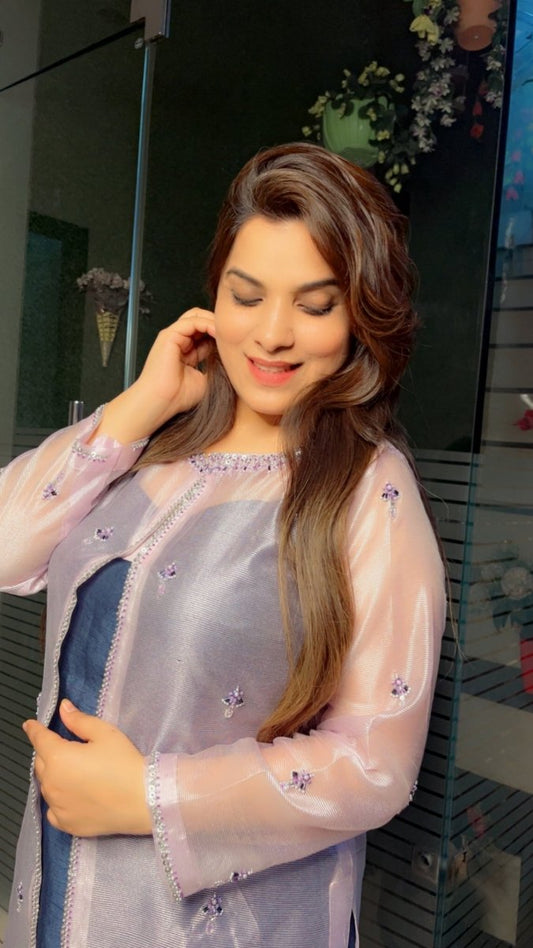 Pink Hand - Embroidered Kota Jacket with Contrasting Blue Pant & Shirt - Kirti Kapoor Couture