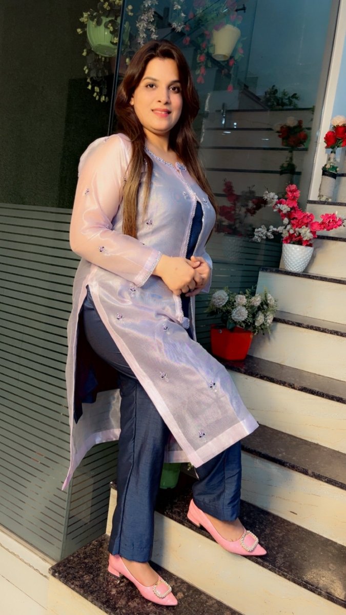 Pink Hand - Embroidered Kota Jacket with Contrasting Blue Pant & Shirt - Kirti Kapoor Couture