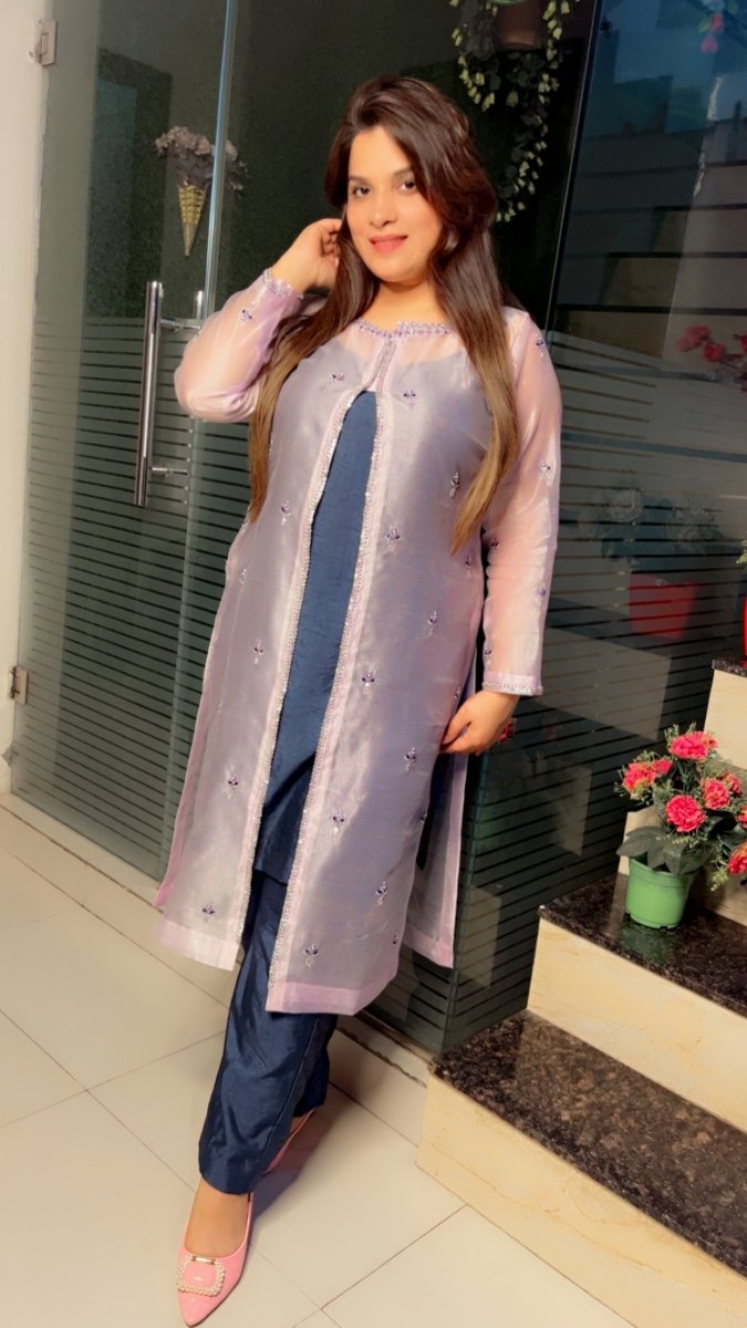 Pink Hand - Embroidered Kota Jacket with Contrasting Blue Pant & Shirt - Kirti Kapoor Couture