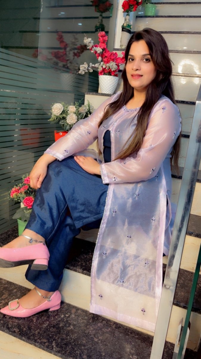 Pink Hand - Embroidered Kota Jacket with Contrasting Blue Pant & Shirt - Kirti Kapoor Couture