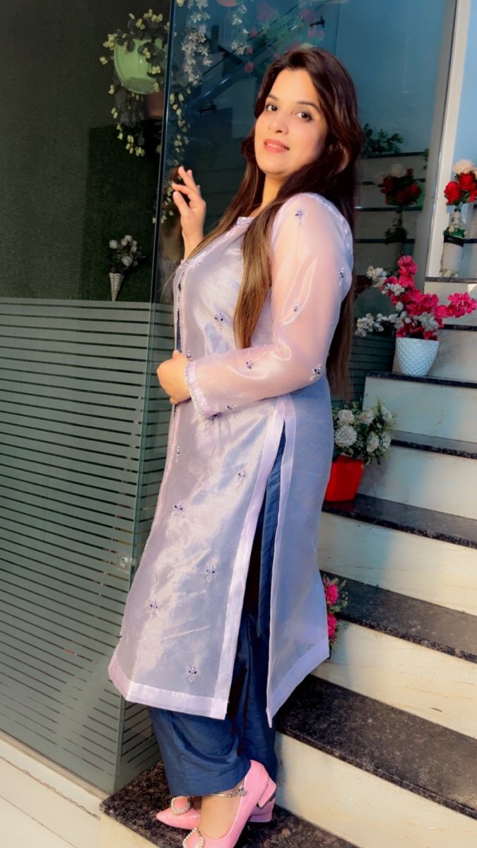 Pink Hand - Embroidered Kota Jacket with Contrasting Blue Pant & Shirt - Kirti Kapoor Couture