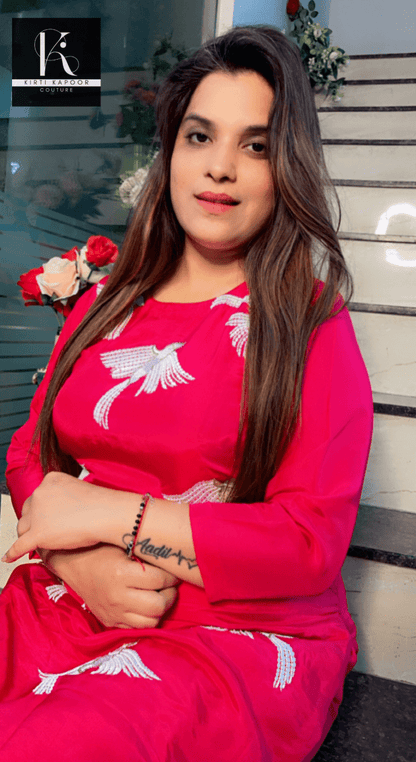 Pink Hand - Embroidered Shirt and Pant Set (Birds Design) - Kirti Kapoor Couture