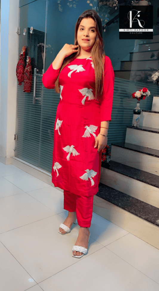 Pink Hand - Embroidered Shirt and Pant Set (Birds Design) - Kirti Kapoor Couture