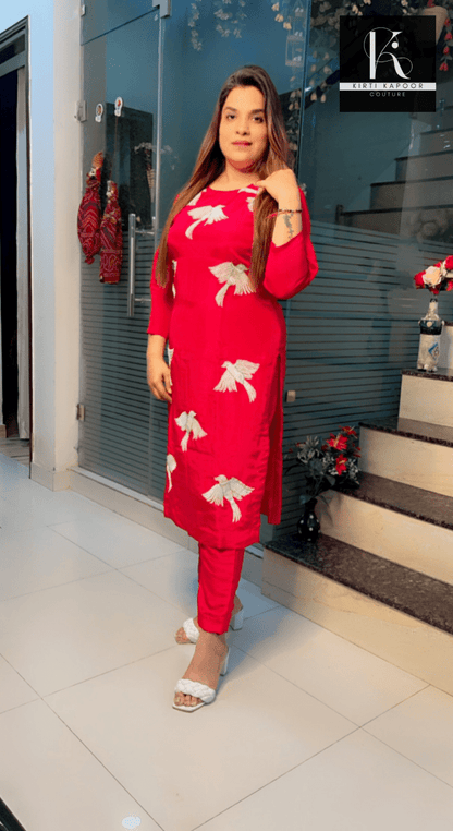 Pink Hand - Embroidered Shirt and Pant Set (Birds Design) - Kirti Kapoor Couture