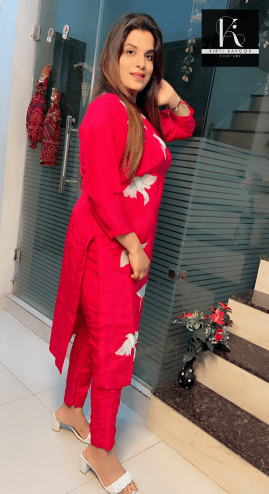 Pink Hand - Embroidered Shirt and Pant Set (Birds Design) - Kirti Kapoor Couture