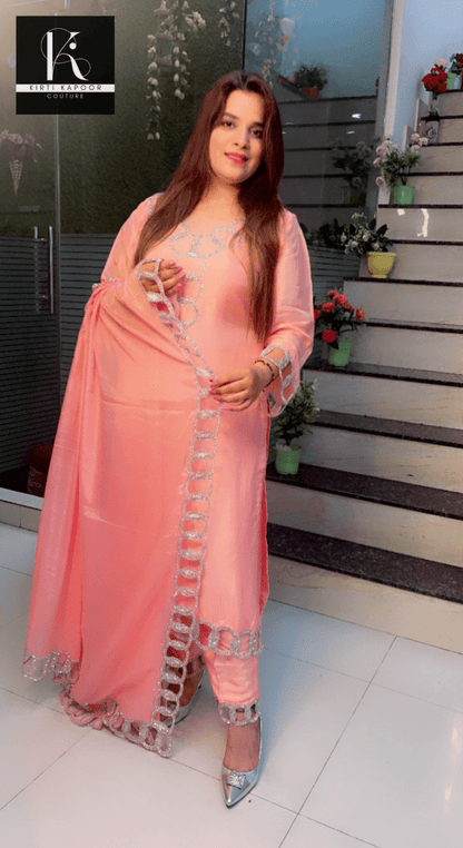 Pink Hand - Embroidered Suit with Silver Work Overall - Kirti Kapoor Couture