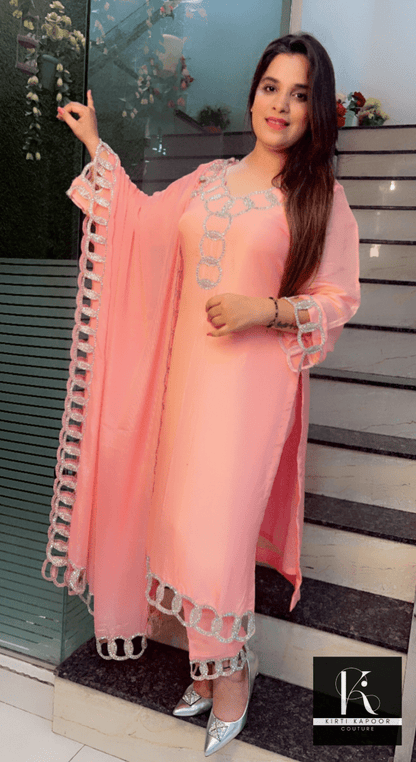 Pink Hand - Embroidered Suit with Silver Work Overall - Kirti Kapoor Couture