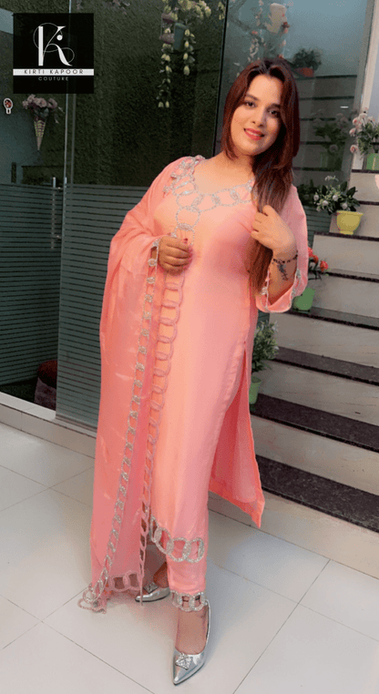 Pink Hand - Embroidered Suit with Silver Work Overall - Kirti Kapoor Couture