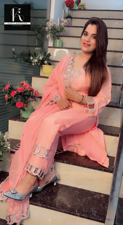 Pink Hand - Embroidered Suit with Silver Work Overall - Kirti Kapoor Couture