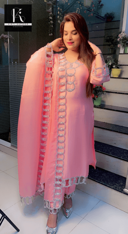 Pink Hand - Embroidered Suit with Silver Work Overall - Kirti Kapoor Couture