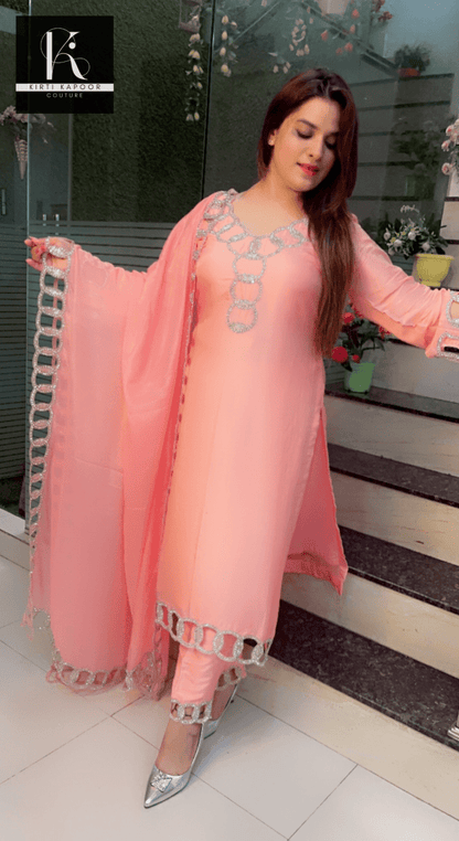 Pink Hand - Embroidered Suit with Silver Work Overall - Kirti Kapoor Couture