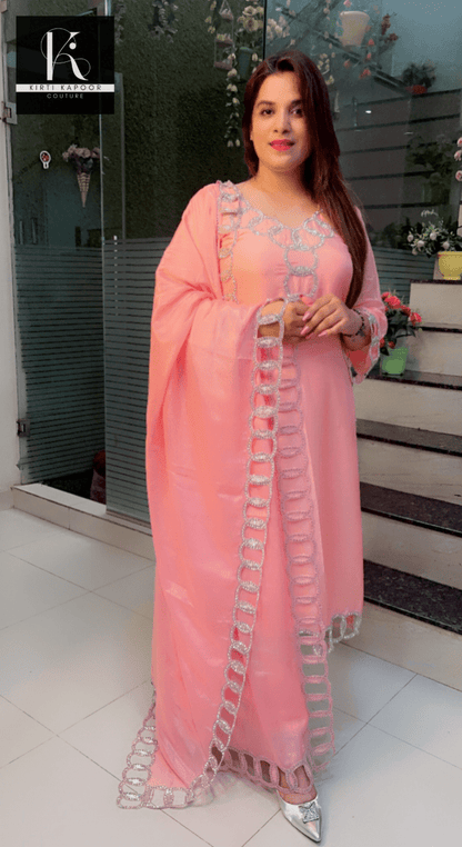 Pink Hand - Embroidered Suit with Silver Work Overall - Kirti Kapoor Couture