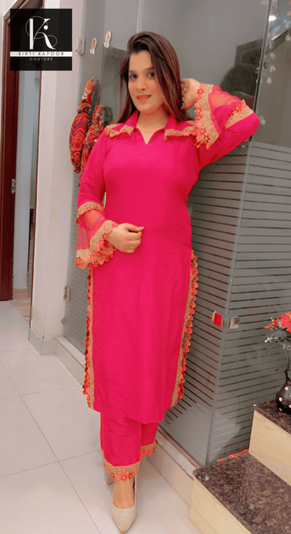 Pink Kurti - Pant Set with Organza and Lace Highlighting - Kirti Kapoor Couture