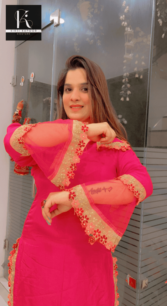 Pink Kurti - Pant Set with Organza and Lace Highlighting - Kirti Kapoor Couture