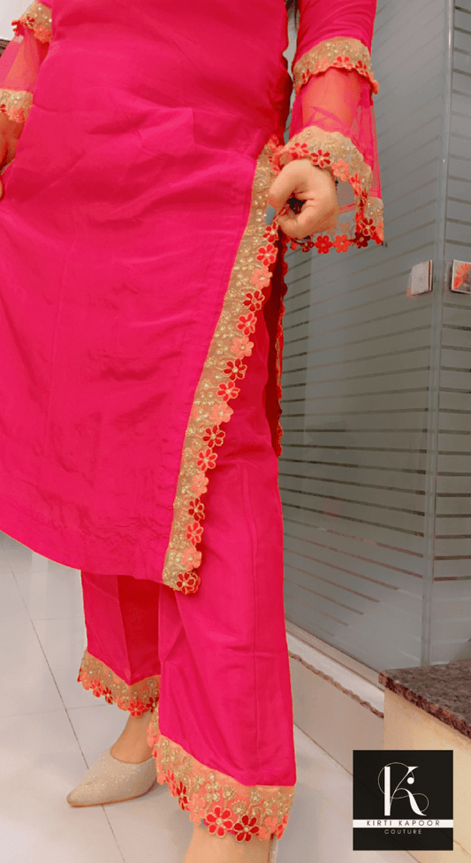 Pink Kurti - Pant Set with Organza and Lace Highlighting - Kirti Kapoor Couture