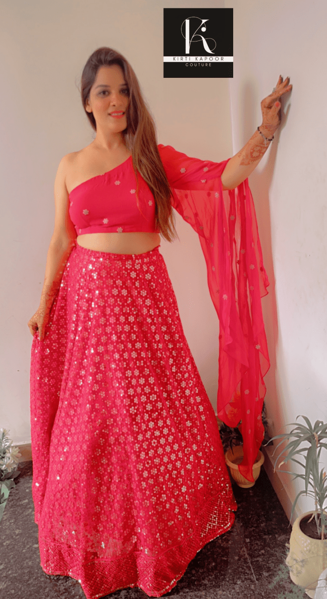 Pink Lehenga Choli with one - sided Sleeve - Kirti Kapoor Couture