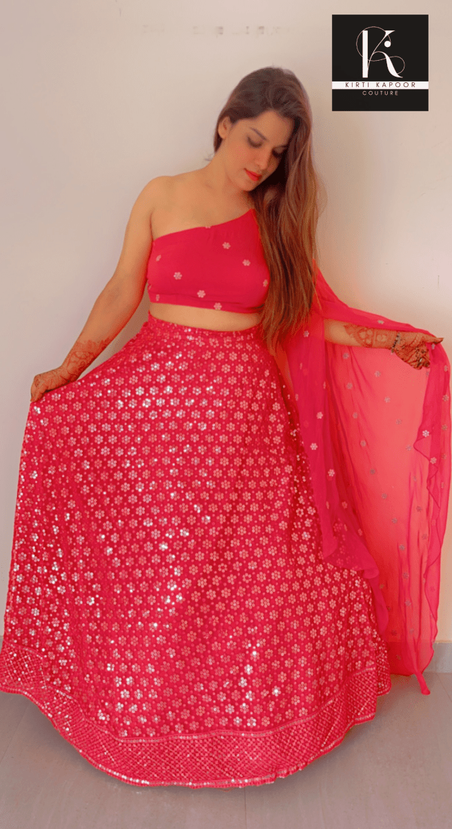 Pink Lehenga Choli with one - sided Sleeve - Kirti Kapoor Couture