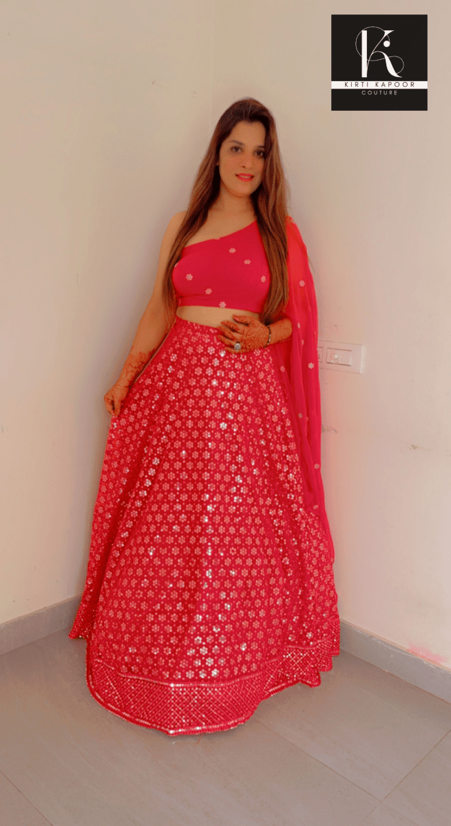Pink Lehenga Choli with one - sided Sleeve - Kirti Kapoor Couture