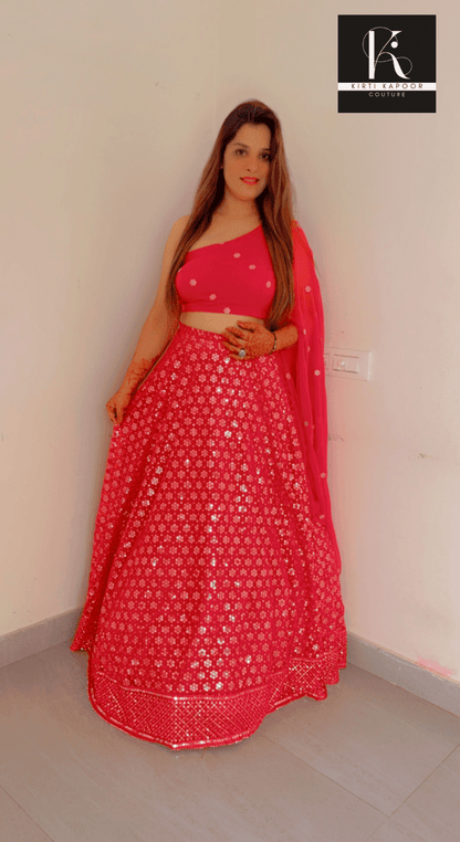 Pink Lehenga Choli with one - sided Sleeve - Kirti Kapoor Couture