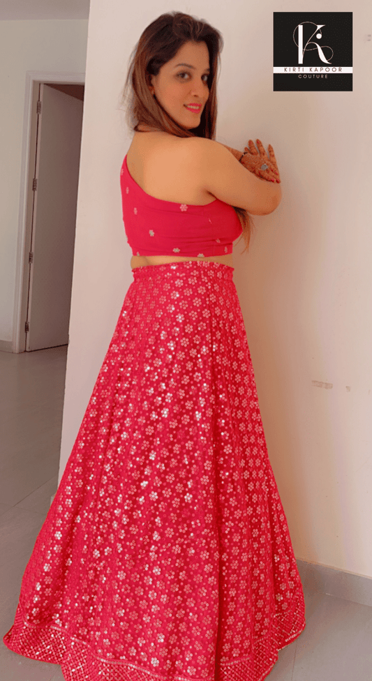 Pink Lehenga Choli with one - sided Sleeve - Kirti Kapoor Couture