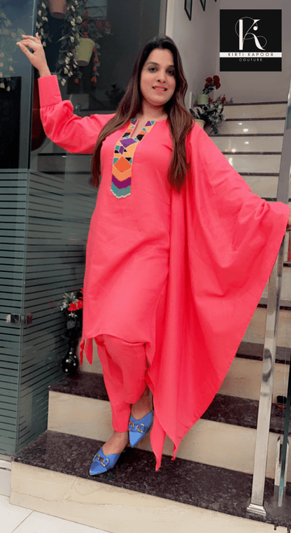 Pink One - Sided Kaftan Set (Multi - Colored Patch) - Kirti Kapoor Couture