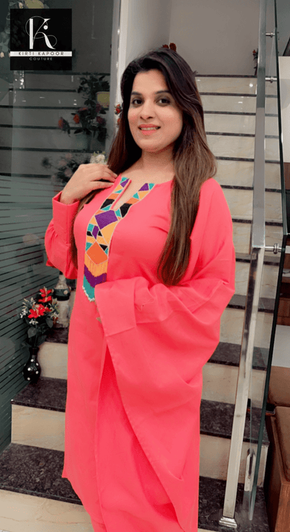 Pink One - Sided Kaftan Set (Multi - Colored Patch) - Kirti Kapoor Couture