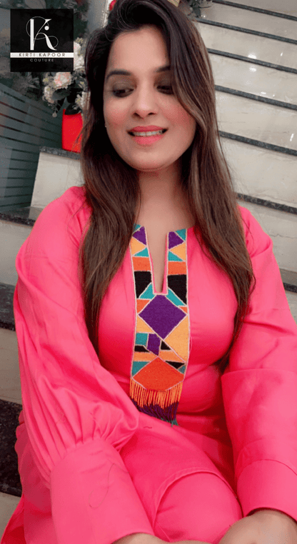 Pink One - Sided Kaftan Set (Multi - Colored Patch) - Kirti Kapoor Couture