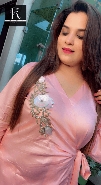 Pink Straight Salwar and Shirt Set with Embroidered Patches - Kirti Kapoor Couture