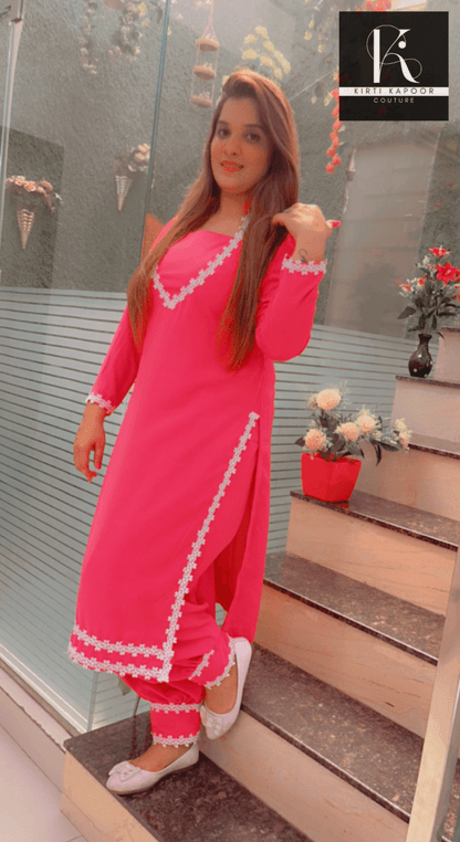 Pink Suit | Crepe | White Floral Lace | Designer Organza Dupatta. - Kirti Kapoor Couture