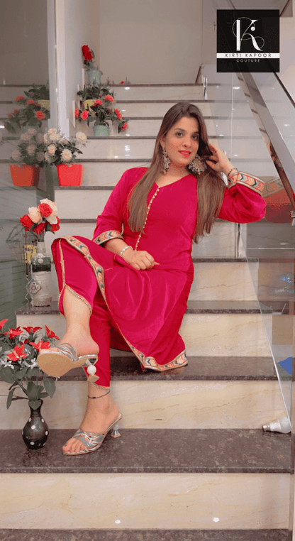 Pink Velvet A - line Shirt with Tulip Dhoti - Kirti Kapoor Couture