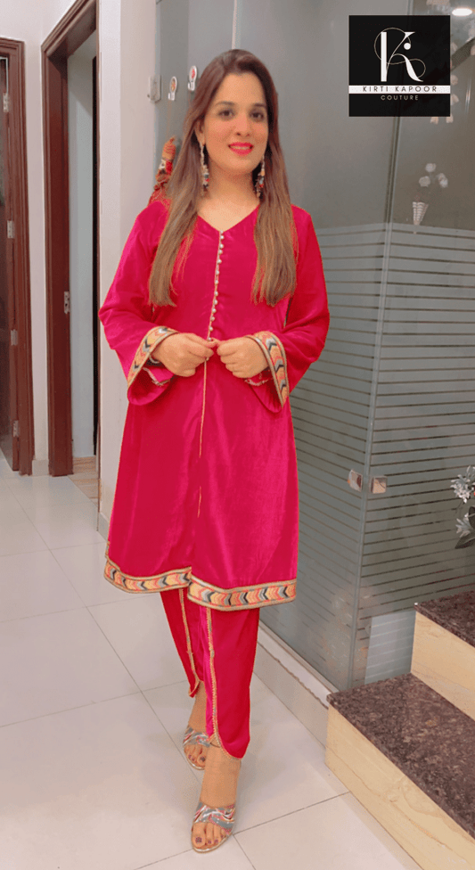 Pink Velvet A - line Shirt with Tulip Dhoti - Kirti Kapoor Couture