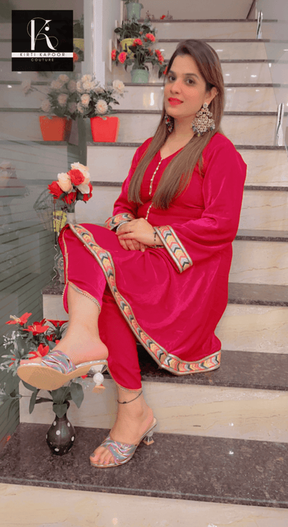 Pink Velvet A - line Shirt with Tulip Dhoti - Kirti Kapoor Couture