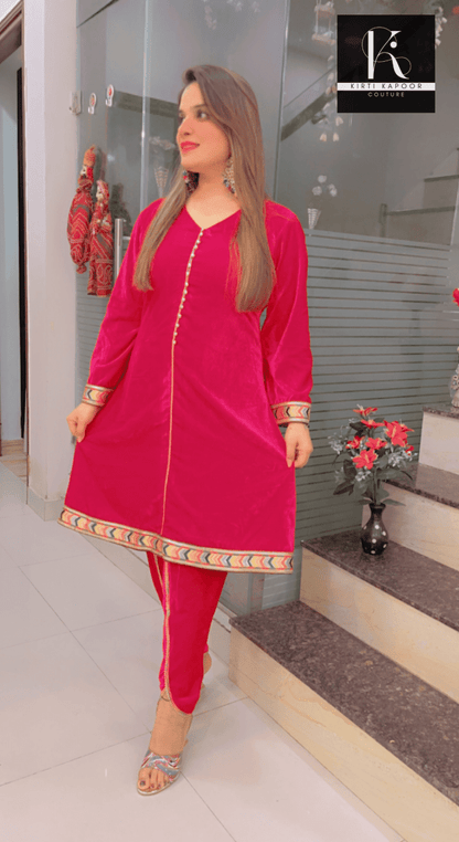 Pink Velvet A - line Shirt with Tulip Dhoti - Kirti Kapoor Couture