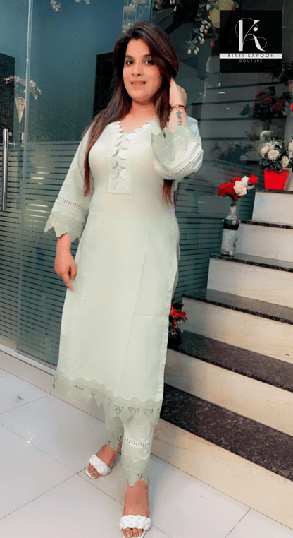 Pista Colored Designer Kurti with Pants - Kirti Kapoor Couture