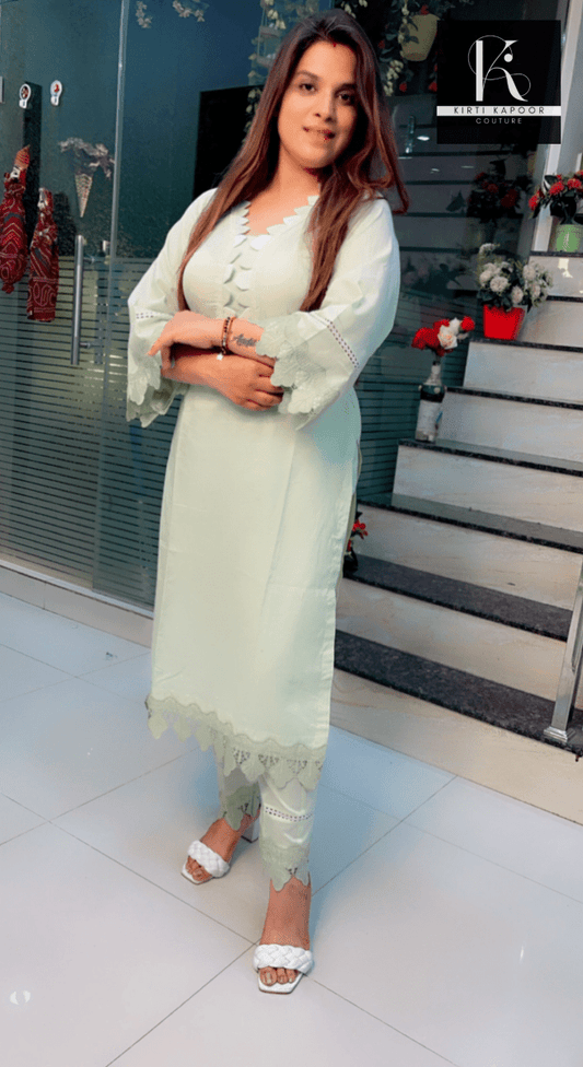 Pista Colored Designer Kurti with Pants - Kirti Kapoor Couture