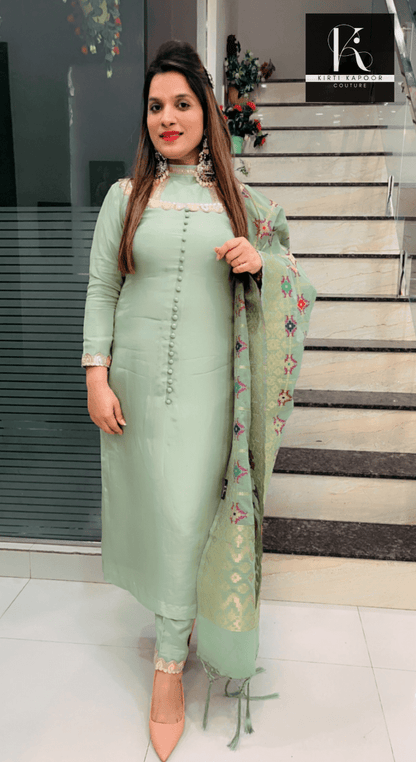 Pistachio Colored Suit with a Contrasting Dupatta - Kirti Kapoor Couture