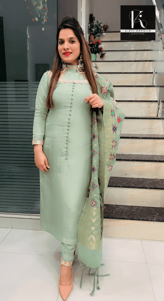 Pistachio Colored Suit with a Contrasting Dupatta - Kirti Kapoor Couture