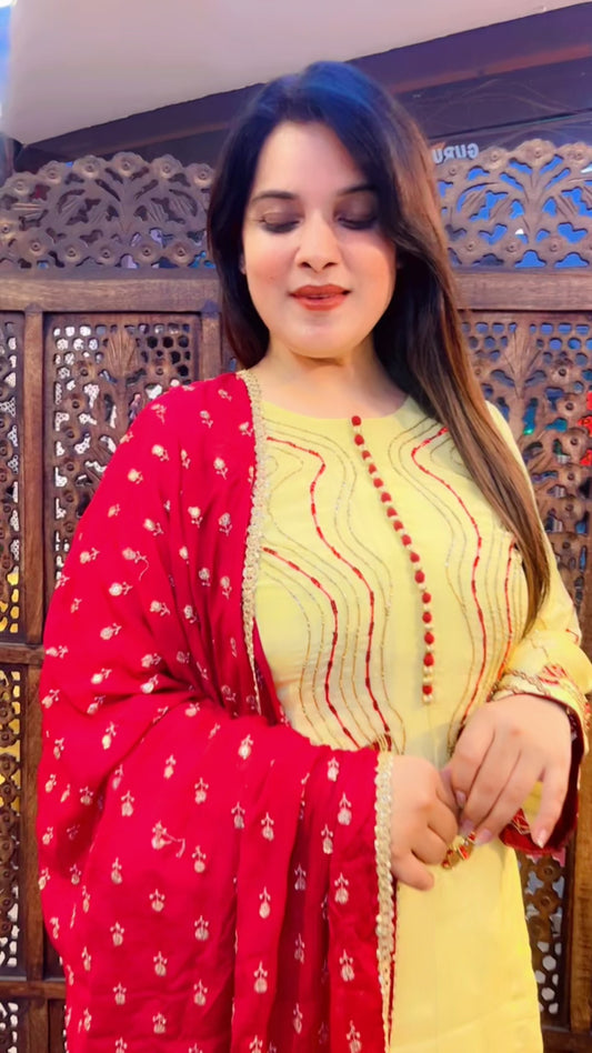 Yellow Silk Pant Suit With Chinon Dupatta For Haldi Function