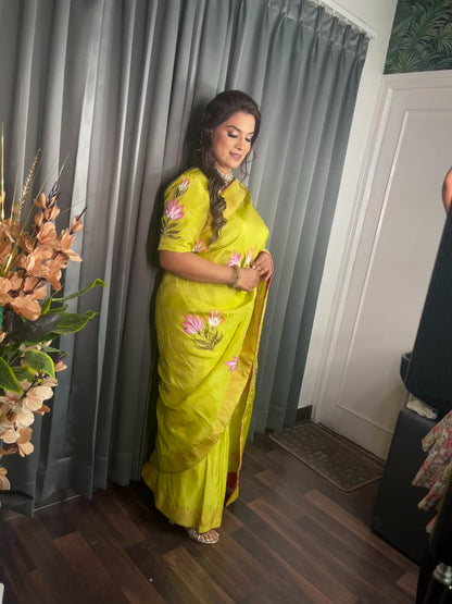 Parrot Hand Painted Saree - Shimmer Silk Saree (SR002)